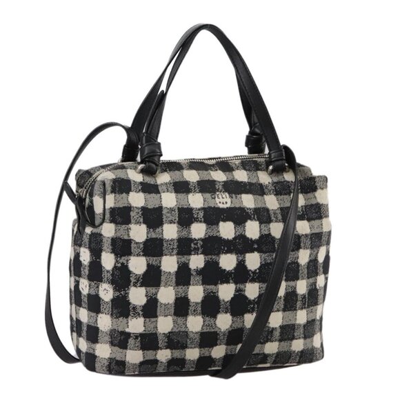 CELINE Hand Bag Canvas Leather 2way Black White Silver Auth 105557